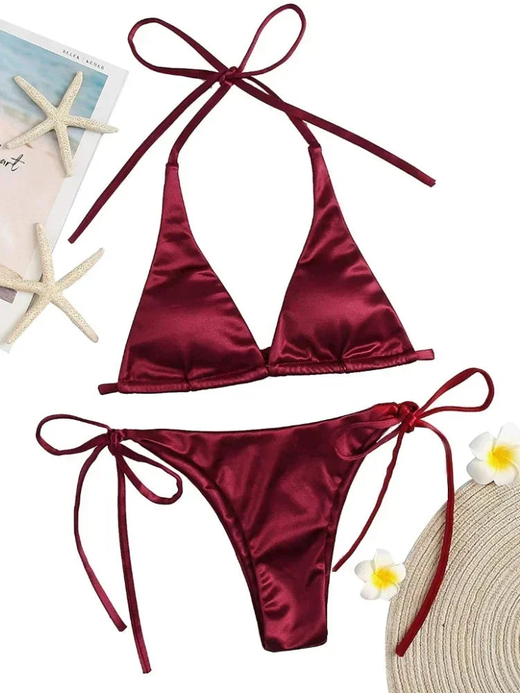 Sexy Women's Metallic Halter Top Two Piece Swimsuit Tie Side Triangle Bikini Summer Solid Bathing Suit Beachwear Bikini Set