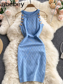 New Button Details Sleeveless Knitted Bodycon Dress Women Summer Elegant Stretchy Dress Vintage Solid Dress