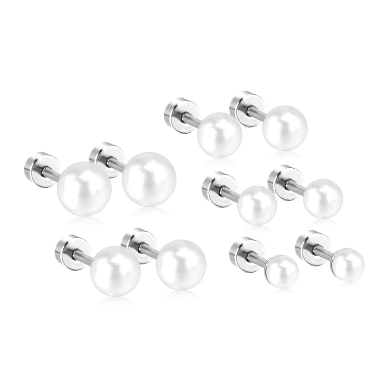 LUXUKISSKIDS 3-5pairs Fake White Pearl Stud Earrings For Woman/Girl Round Ball Press Screw Pack Piercing Stainless Steel Jewelry