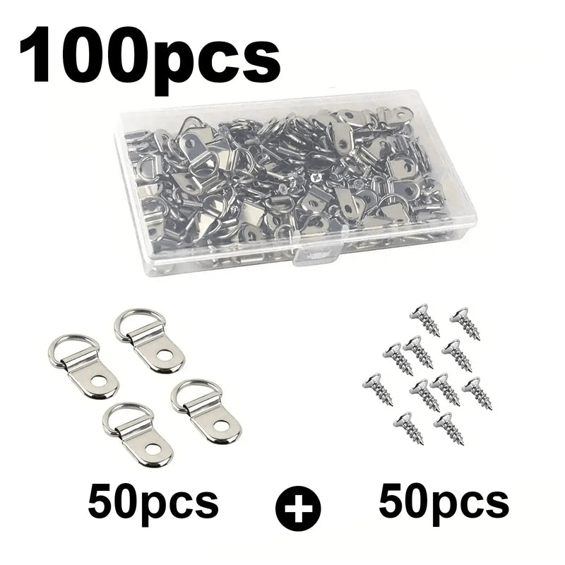 100Pcs Round D Ring Buckle, Photo Wall Hook With Screws, Oil Painting Mirror Picture Frame Hanger