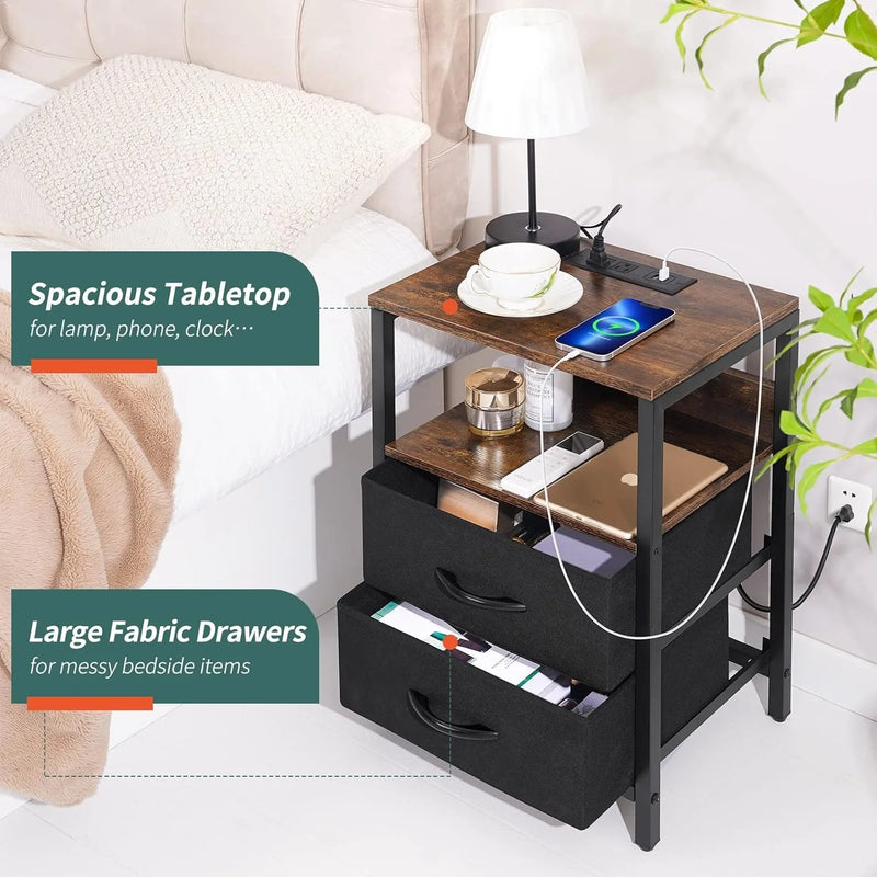 Nightstand with Charging Station, Small Night Stand with Fabric Drawers and Storage Shelf for Bedrooms, Nightstands