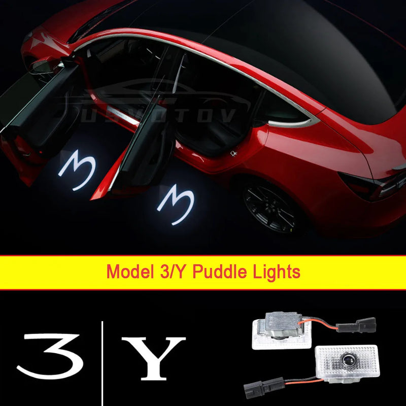 2pcs Puddle Lights for Tesla Model Y 3 Highland Accessories 2024 2023 2022 Door Welcome LED Bulb Projecter Car Logo Decal Emblem