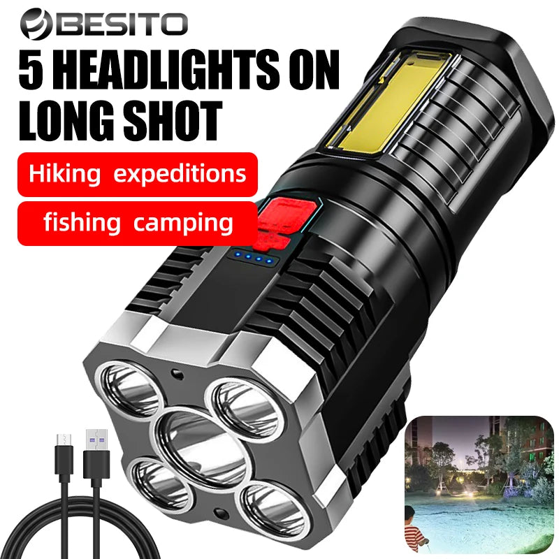 5LED High Power Led Flashlights Rechargeable Camping Spotlight with Side Light 3 Lighting Modes for Camping Adventure Outdoor