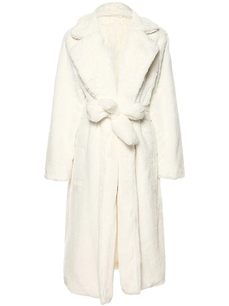 Solid Color Faux Fur Coat Women Long White Fluffy Warm d Coat Hood Lapel Sashes Loose Korean Fashion 2021 Outerwear