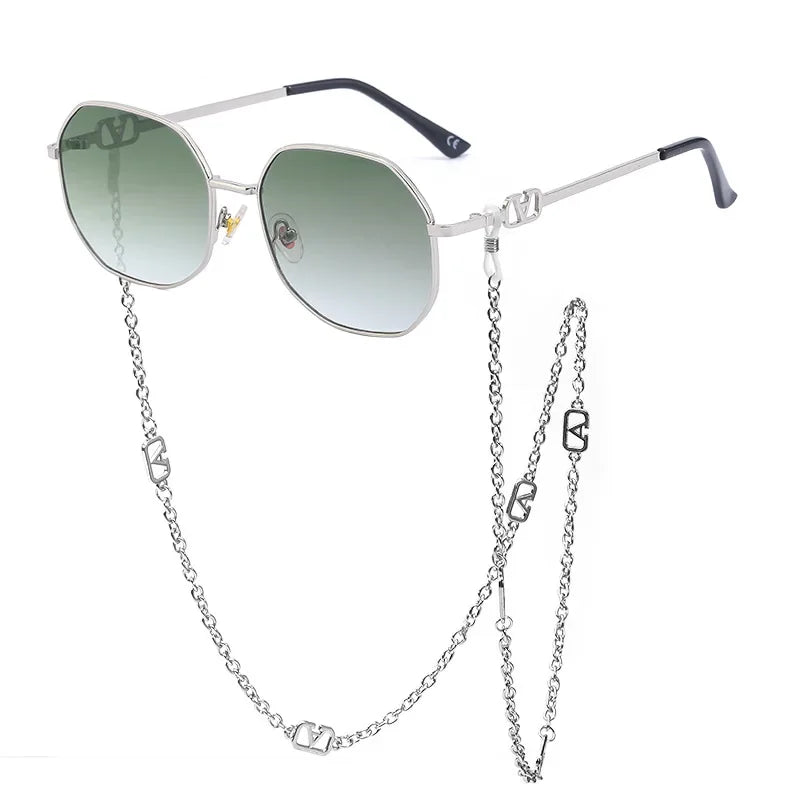 Men Women Punk Sun Glasses Brand Designer Retro Alloy Polygon Sunglasses Women Luxury Shades with A Chain Lanyard Sunglasses