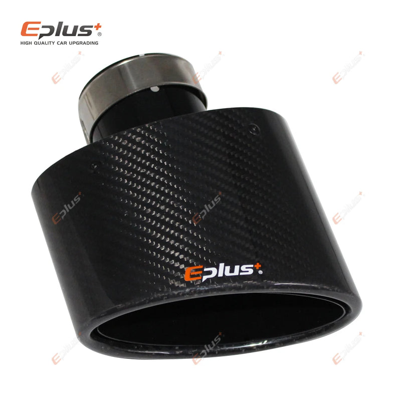 EPLUS Gloss Carbon Fiber Car Muffler Tip Exhaust Pipe Nozzle Decoration Universal Stainless Black Oval 150mm Tilting Left Right