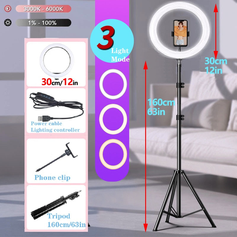 10&quot; LED Selfie Ring Light  Circle Fill Light Dimmable Round Lamp Tripod Trepied Makeup Photography RingLight Phone Stand Holder