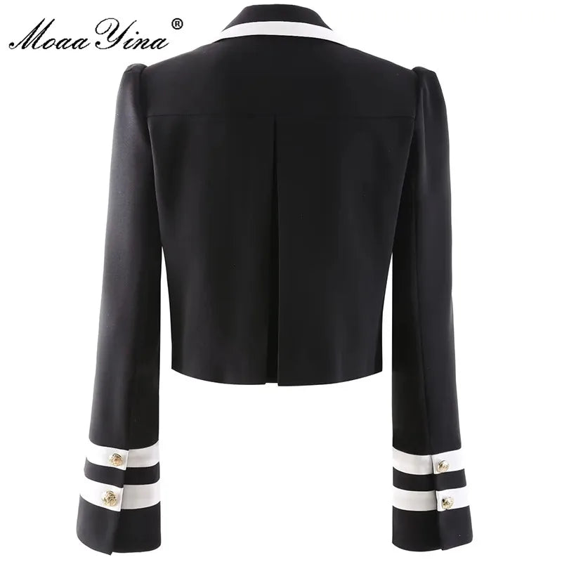 MoaaYina Fashion Runway Autumn Winter Jackets Coat Women Turn-down Collar Long Sleeve Double buckle Lady Black Office Outerwear