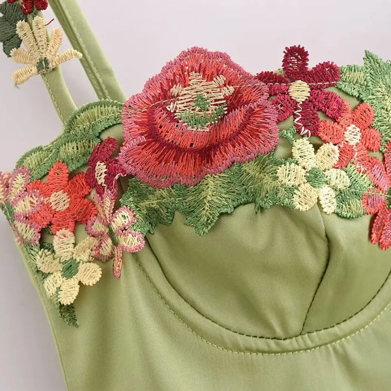 TRAF Summer Like Silk Party Dress Floral Embroidery Spaghetti Straps Women Mini Dress Sexy Green Satin Dresses