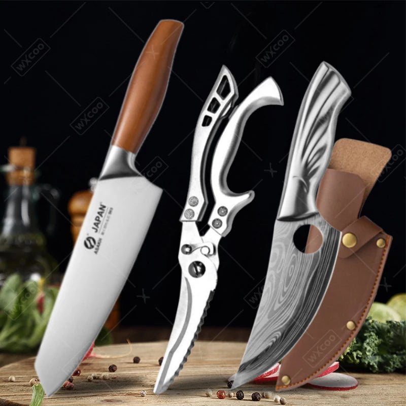 WXCOO Professional Kitchen Knives Hand Forged Boning Knife Japanese Stainless Steel Meat Cleaver Fruit Knife Kitchen Scissors