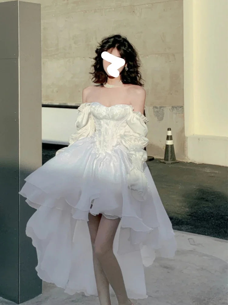 Pure Color Fairy Midi Dress Women White Elegant Evening Party Dress Beach 2024 Spring Casual Long Sleeve Fashion Dress Korean