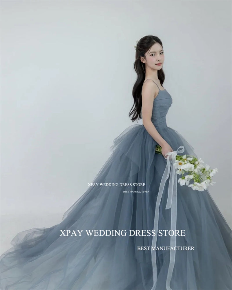 XPAY Dusty Blue Korea A Line Evening Dresses Photo Shoot Ruffles Tiered Fairy Tulle Evening Gown Customised Corset Prom Dress