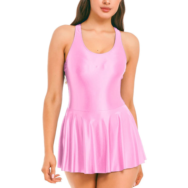Womens Dresses Tank Dress Glossy Stretchy Sleeveless Solid Color Athletic Tennis Dress Nightwear Porno Clubwear Exotic Dresses
