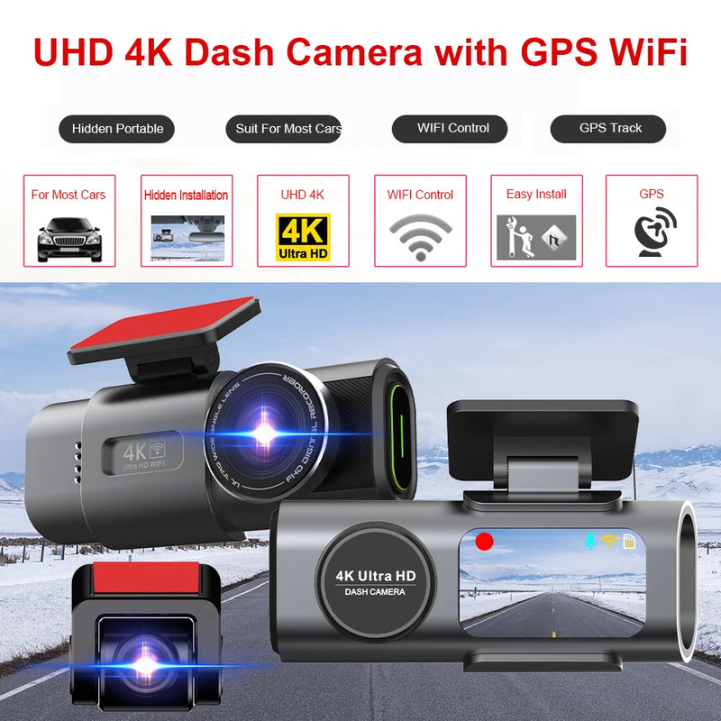 E-ACE 4K Dashcam Mini Camera Recorder GPS Wifi 24H Parking Dual Lens With 1080P Rearview Camera Night Vision Black Box For Car