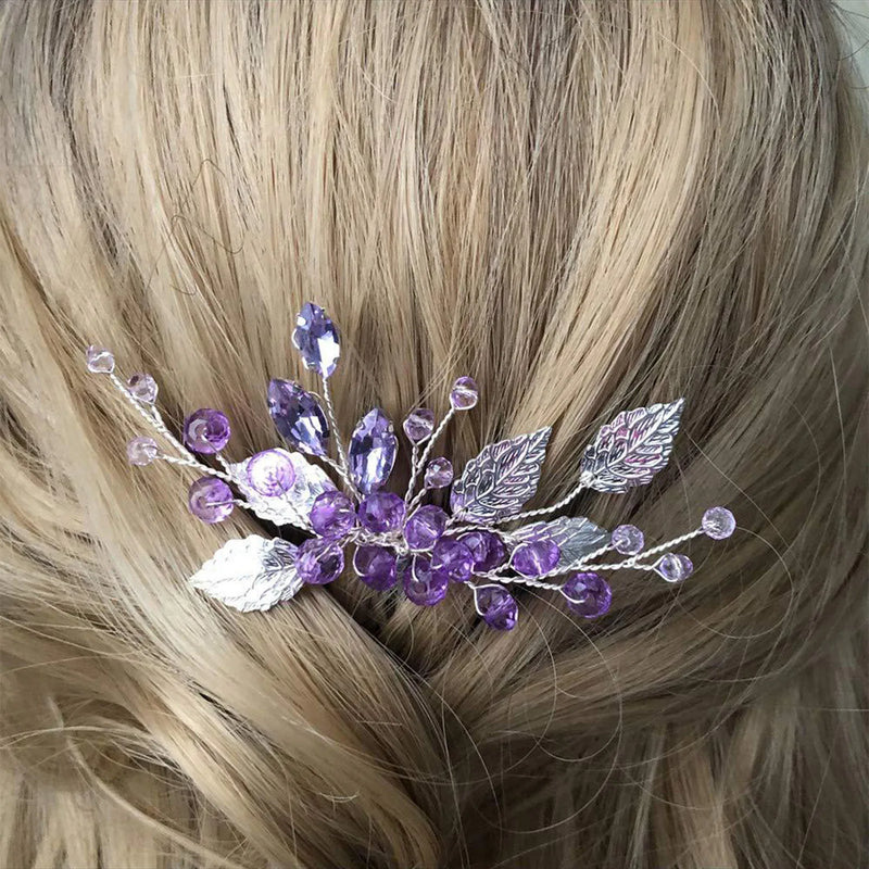 Bride Wedding Hair Combs Purple Crystal Beaded Hairpins Side Clip Silver Color Alloy Leaf Headpiece for Woman Party Hair Jewelry