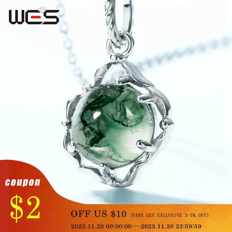 WES 925 Sterling Silver Natural Stone 8*8mm Moss Agate Pendant Necklace for Woman Friend Engagement Party Christmas Gift Jewelry