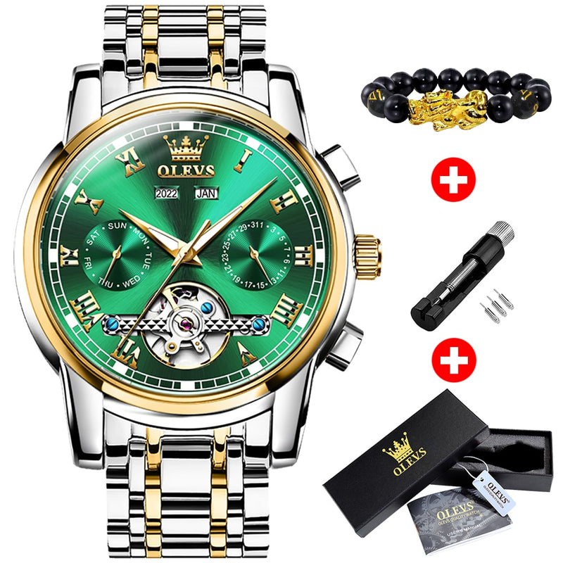 OLEVS Mechanical Men Watches Automatic Stainless Steel Waterproof Date Week Green Fashion Classic Wrist Watches 6607