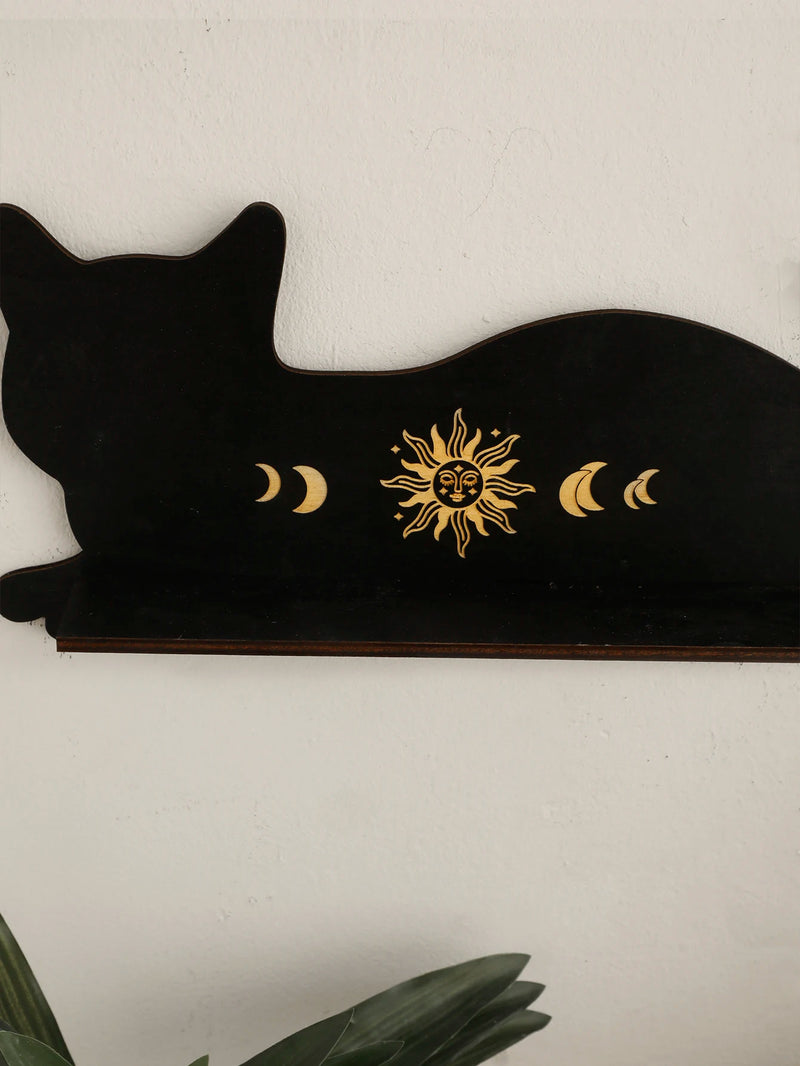 Black Cat Wooden Shelf Moon Phase Chakra Crystal Stone Display Stand Wall Shelf  Witch Home Decor Gothic Room Decor Home Bedroom