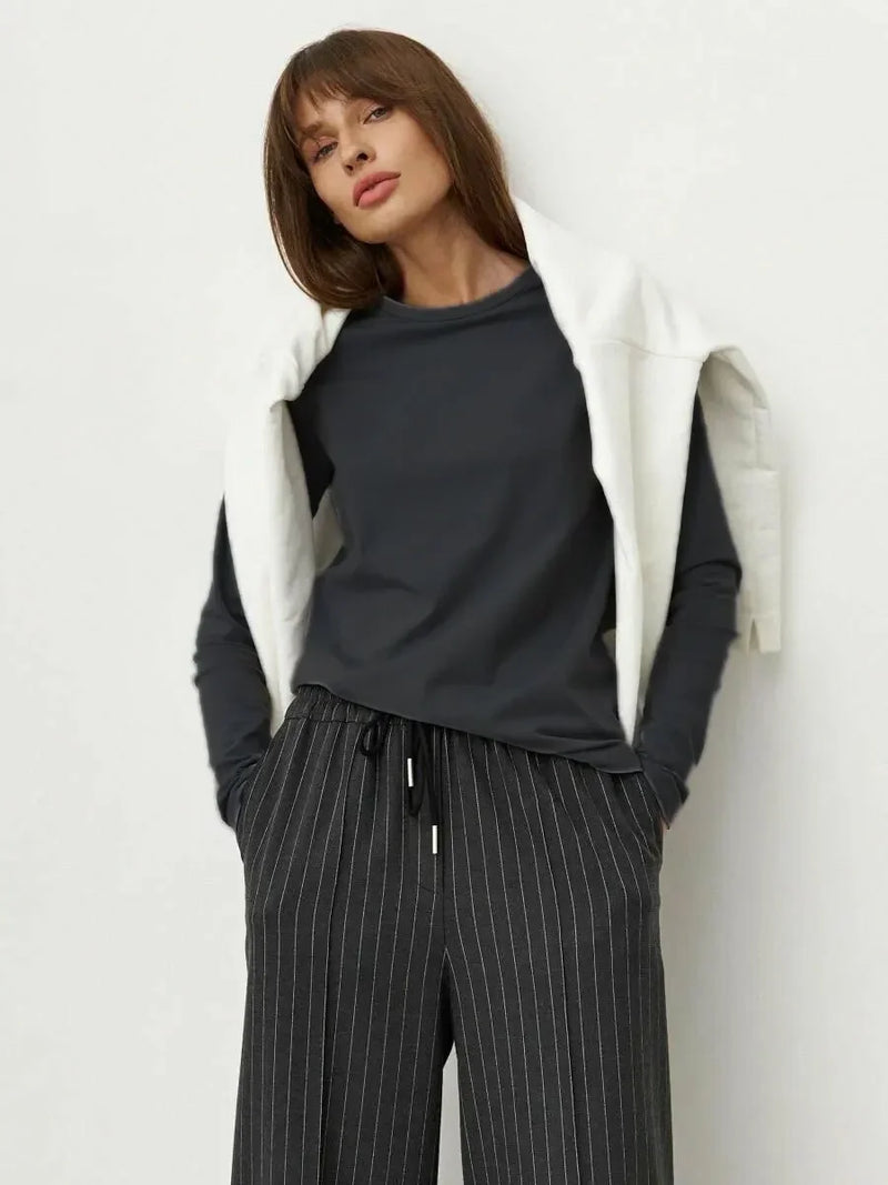 Wolfeel Women's Spring Autumn 100% Cotton T-shirt Bottoming Basic Solid Lady Long Sleeve Loose Tops Shirts Oversized T Shirt