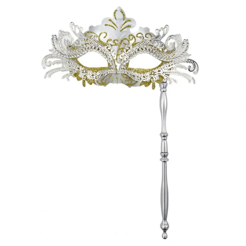 Metal Fancy Elegant Party Masque with Handheld Stick Half Face Venetian Masque with Rhinestones for Women Men Prom Masquerade