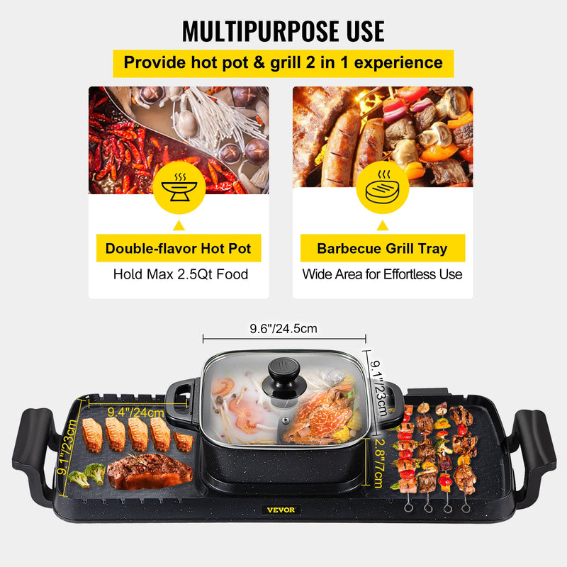 VEVOR 2 in 1 Electric Grill and Hot Pot 2400W BBQ Pan Grill and Hot Pot Multifunctional Teppanyaki Grill Pot Dual Temp Control