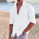 New Men's Shirt Cotton linen Casual Polo Neck Beach Shirt Long Sleeve Solid Hawaiian Holiday Shirts Streetwear