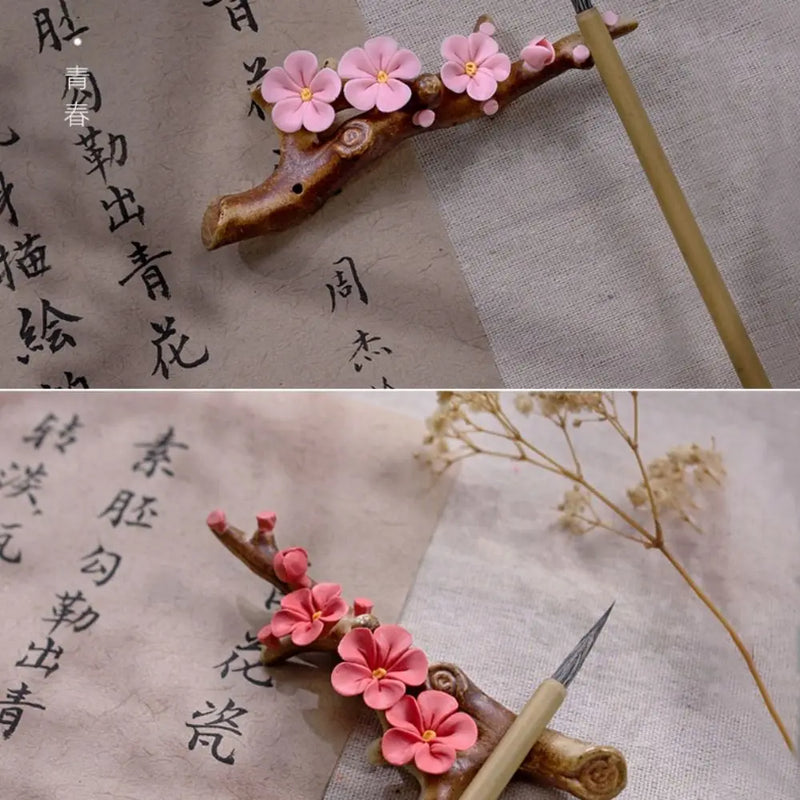 Crafts Ceramics Tea Pet Ornaments Plum Blossom Writing Brush Stand Home Decor Aromatherapy Base Incense Stick Holder