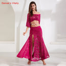 Winter Girls Women Belly Dance Flared Sleeves Top Splicing Skirt Competition Dance wear Lady Oriental Indian Dance Lace Clothes