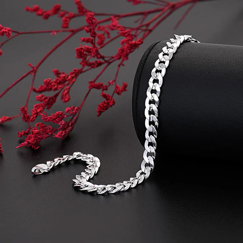 Hot high quality 925 Sterling silver charm 7MM Chain bracelets neckalces jewelry set for man women fashion Party wedding gifts