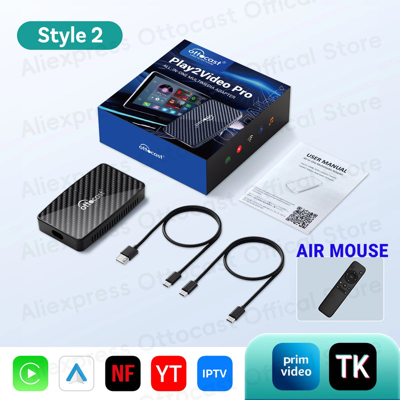 OTTOCAST Play2Video Pro Wired to Wireless CarPlay Android Auto Adapter TV Video AI Box for Youtuber for Netflix Car Accessories