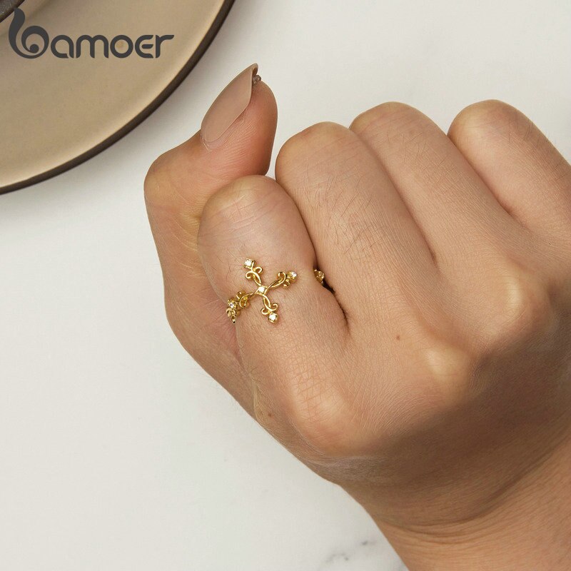 BAMOER 925 Sterling Silver Retro Pattern Cross Ring for Women 14K Gold Plated Flower Rings 3 Colors BSR041