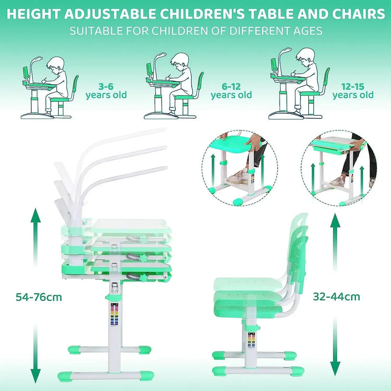 Children's Desk, Ergonomic Table and Thair Set, with Drawer, Reading Stand, Anddimmable LED Lamp, Height-Adjustable