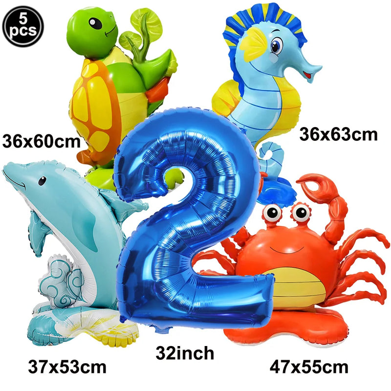 5pcs Cute Sea Animal Balloons Include Crab Seahorse Dolphin Turtle Shape Balloon Under The Sea Party Decors for 1st Birthday