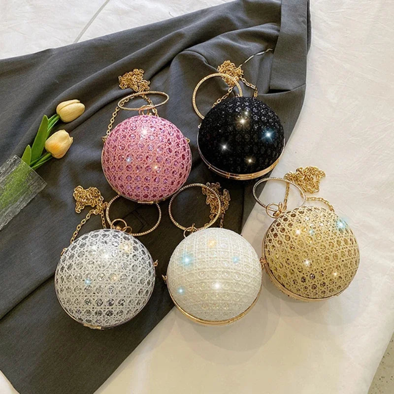 Sparkly Round Evening Purses for Women Shiny Diamonds Handbag Unusual Party Mini Small Bags Fashion Luxury Shoulder Bag Woman