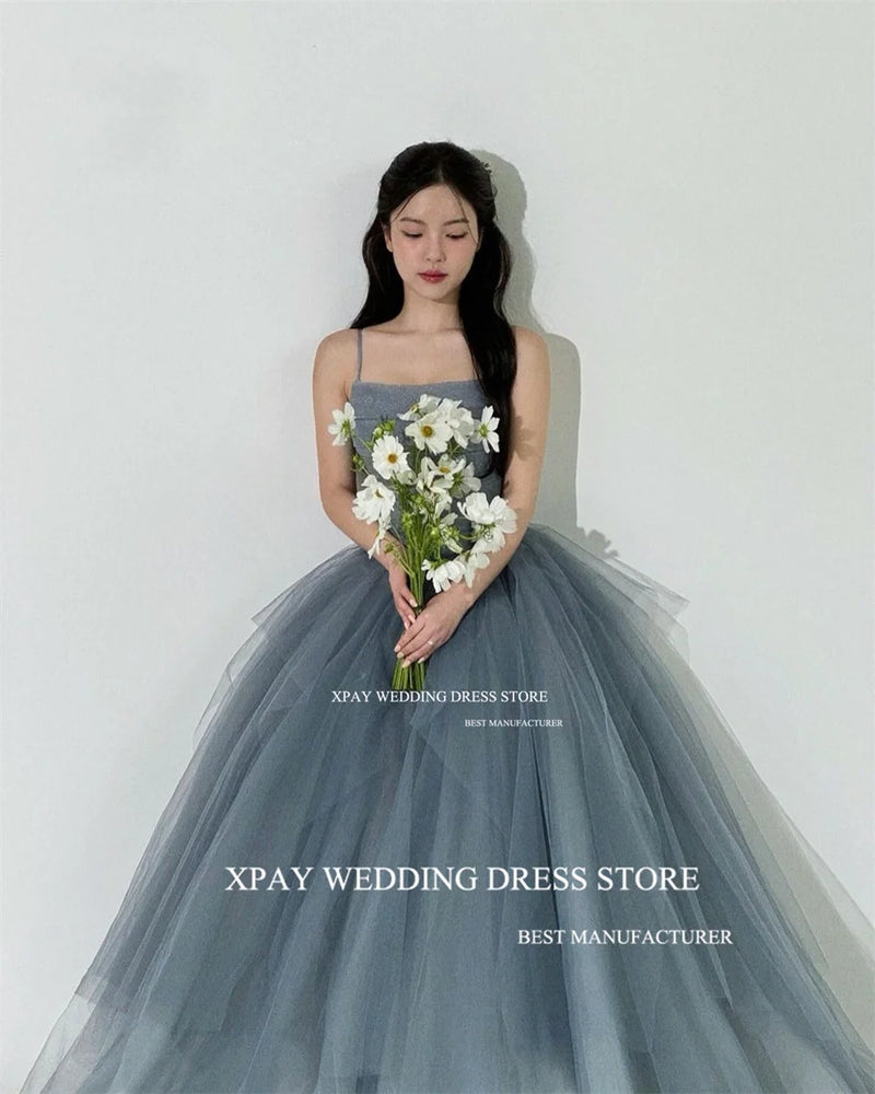 XPAY Dusty Blue Korea A Line Evening Dresses Photo Shoot Ruffles Tiered Fairy Tulle Evening Gown Customised Corset Prom Dress