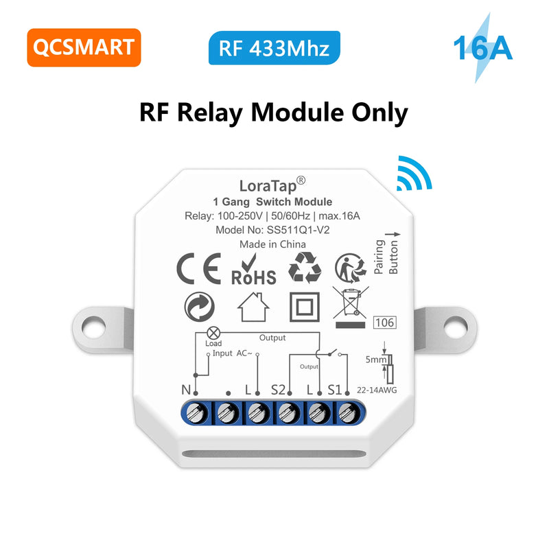 QCSMART Wireless RF 433Mhz 110-220V 16A Light Swich Relay Module Small Device with 4 Button Remote Controller