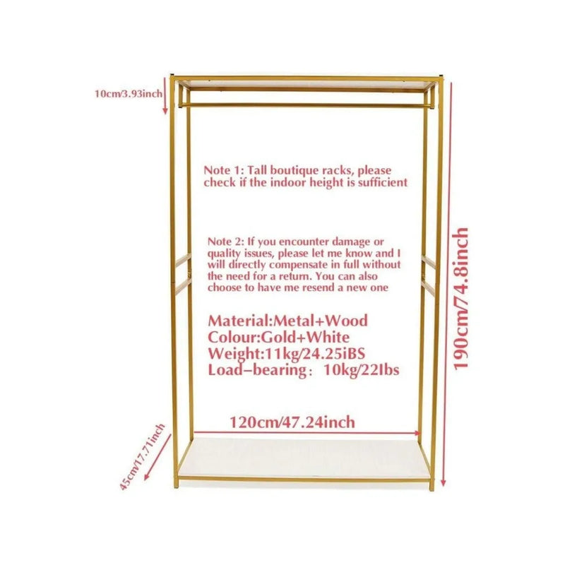 Retail Gold Clothing Racks for Boutique with Wood Shelf Heavy Duty Commercial Garment Clothes Rack Standing Hanging Rack
