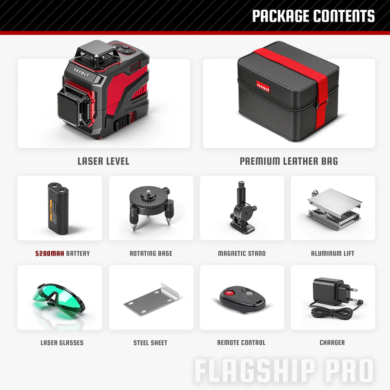 YEVOLT YVGLL4XS12 Series Green Laser Level 3-Plane 12-Line Self-leveling 360 3D Horizontal & Vertical 3.6V 3Ah Power Tools