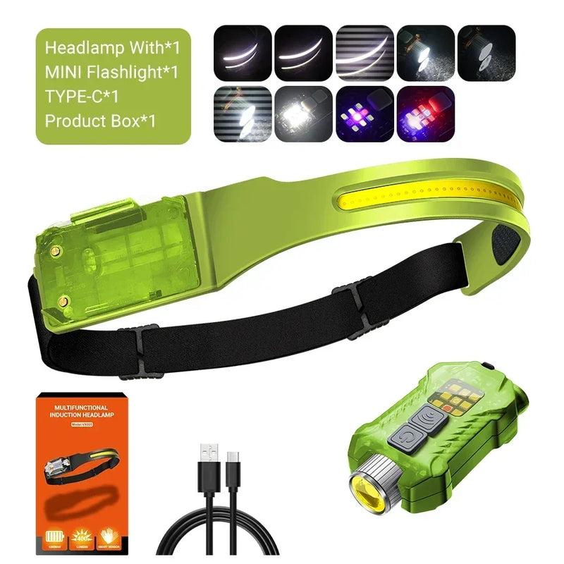 COB LED Sensor Headlamp USB Rechargeable Flashlight Built-in 1200 MAh Battery  5 Lighting Modes Torch Outdoor Camping Lantern