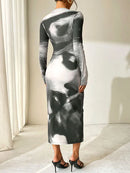 Spring New Women's Maxi Dresses Clubwear Fashion Long Sleeves Tie-Dye O-Neck Slim Dress Black Sexy Lady Elegant Dresses Clothing