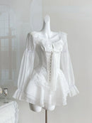 White French Elegant Evening Party Dress Women Casual Sexy Lace Puffed Sleeve Short Robe Summer Korean Y2k Sweet Mini Dress Chic