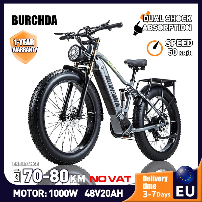 BURCHDA RX80 Electric Bike 1000W Motor Adults 48V17.5AH Electric Bicycle 26 Inch 4.0 Fat Tires Snow Mountain Bike MTB OFF-Road