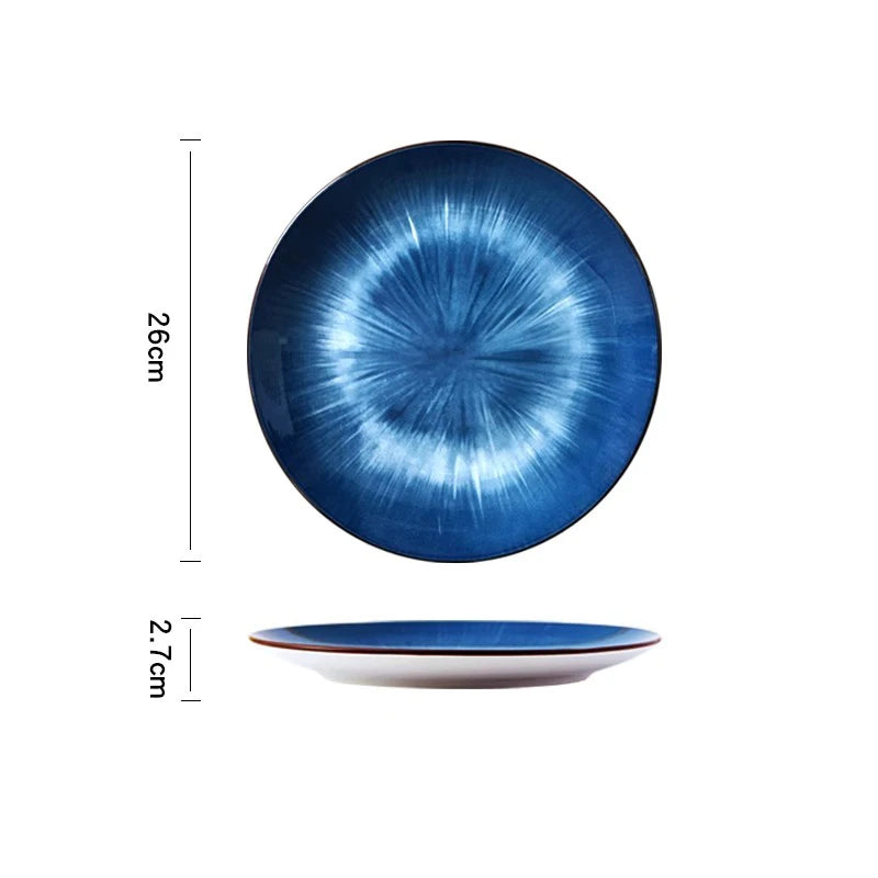 Japanese Retro Flat Plate 10 Inch Blue Gradient Ceramic Fruit Dish High Quality Cold Dishes Home Western-style Steak Plates