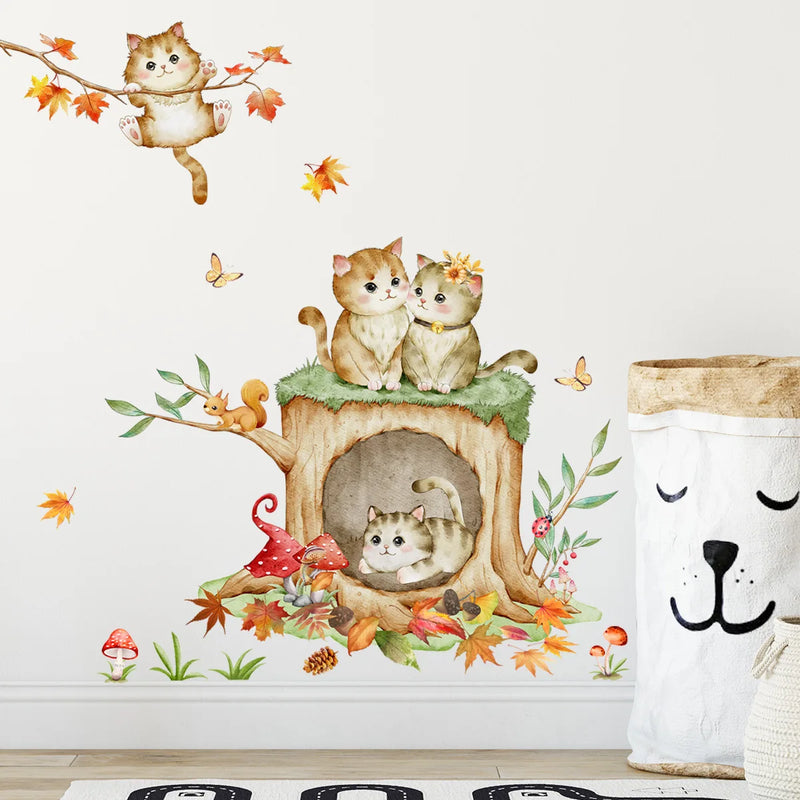 Lovely Cat Hanging Branches Butterfly Wall Stickers For Kids Room Children Bedroom Cute Animals Wall Decals Nursery Decor Mural