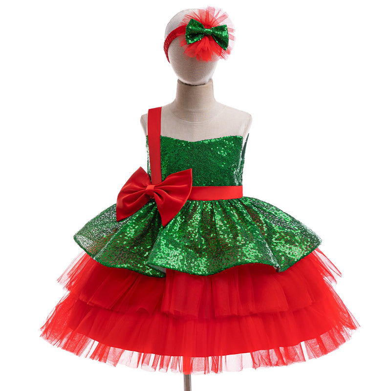 Big Bow Sequin Christmas Costumes for Girls Carnival Cosplay Halloween Green Birthday Party Princess Dress Wedding Kids Clothes