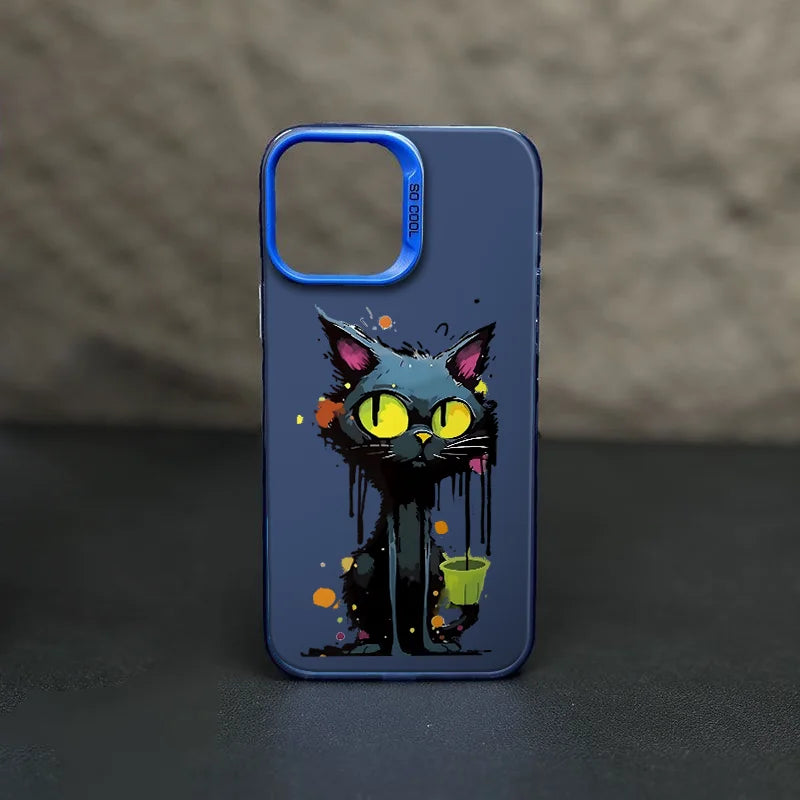 IPhone 15 Case So Cool Cartoon Graffiti Big Eyed Black Cat Metal Backboard Case iPhone 14 Plus 13 Pro Max 12 Case