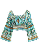 Vintage Chic Women Two Piece Outfits Off  Shoulder Long Sleeve Tops Bohemian  Drawstring Skirts 2 Pieces Rayon Cotton Boho Sets