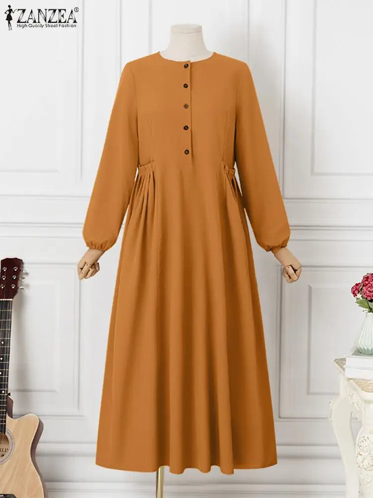 ZANZEA Eid Mubarek Abaya Muslim Long Dress Women Long Sleeve Maxi Sundress Robe Femme Turkey Hijab Vestidos Islamic Clohting