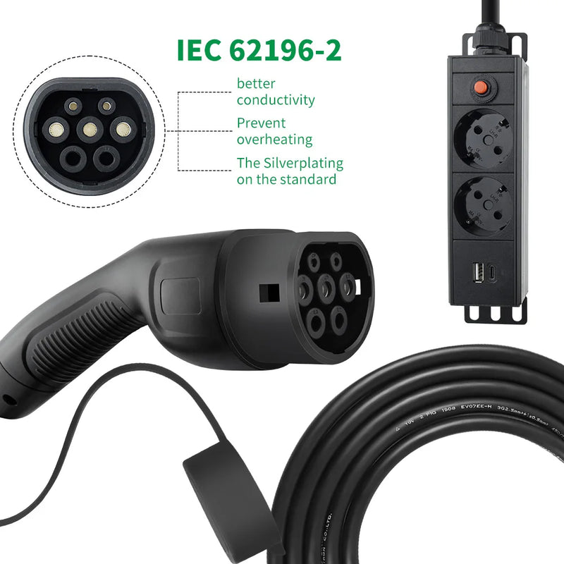 EVSUN Electric Car Side Discharge Plug EV Type2 16A Charger Cable with EU Socket Outdoor Power Station (need car supports V2L)