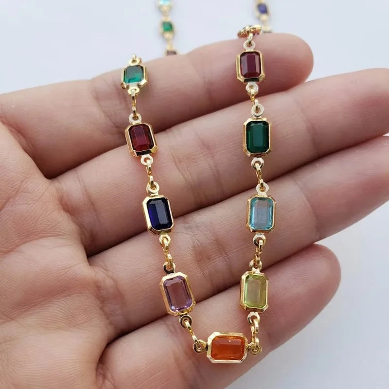 Bohemia Coloured Gemstones Square diamonds Stainless Steel Pendants Statement Necklace For Women Fashion Jewelry
